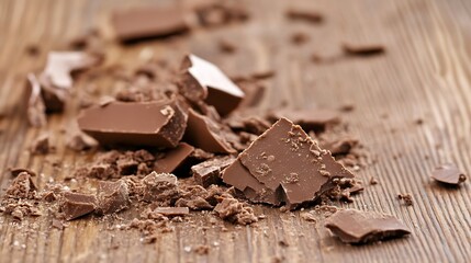 Aufkleber - Broken pieces of chocolate on a rustic wooden table displaying tantalizing dessert appeal : Generative AI