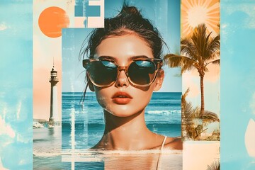 Wall Mural - A collage of beach photos, social media icons, and sunglasses on top of the background. The main character is an attractive woman with short hair wearing black shades in front of a retro blue sky