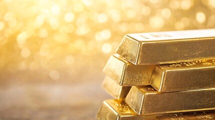 Fototapete - Shiny gold bars stacked together with blurred golden lights in background symbolizing wealth and luxury : Generative AI