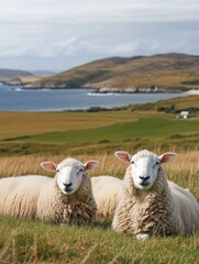 Two fluffy white sheep with cute faces looking at the camera, in a lush green field near a coastal cliff and hills.