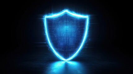Poster - A glowing blue shield symbol representing security and protection in the digital realm. The light shines against a dark background, illustrating the concept of safety and defense.