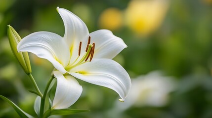 Poster - A closeup of a delicate white lily flower with soft green and yellow background capturing its natural beauty : Generative AI