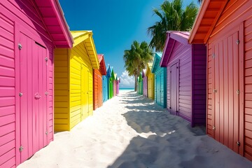 Wall Mural - colorful beach huts along the sandy shore in sunny weather. the colorful houses line up on both side