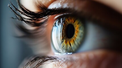 Poster - Close up of a vibrant human eye showcasing intricate details of iris and reflections in the pupil : Generative AI