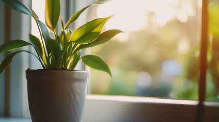 Leinwandbilder - Lush green indoor plant in white pot basking in warm sunlight near a window creating a cozy atmosphere : Generative AI