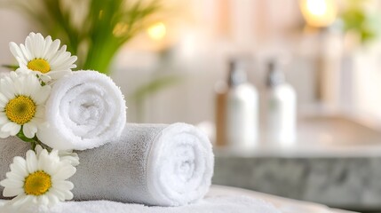 Aufkleber - Soft white towels arranged with decorative flowers in a serene spa setting : Generative AI