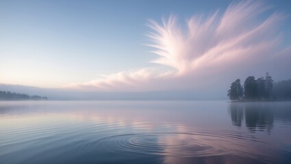 Poster - Gentle morning mist envelops a serene lake with vibrant clouds reflecting on calm waters