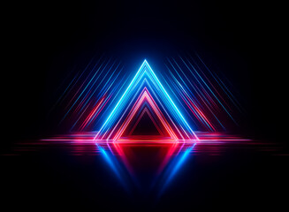 Wall Mural - A vibrant neon triangle glows with electric blue and red lights against a dark, reflective surface creating a futuristic, abstract design.