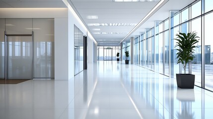 Poster - Modern and bright office corridor with large windows and stylish plants creating a fresh ambiance : Generative AI