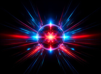 Wall Mural - vibrant sphere emits radiant beams of blue and red light against a dark backdrop. energetic and dyna