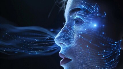 Poster - A creative representation of a woman's profile enhanced with glowing lines and particles, illustrating a modern fusion of technology and art in a dark setting.