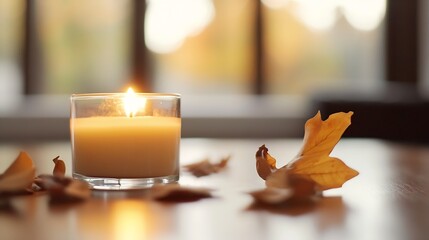 Poster - A lit candle on a wooden table with autumn leaves creating a warm and cozy atmosphere : Generative AI