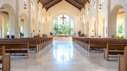 Poster - Inside view of a bright and modern church with wooden benches and large windows : Generative AI