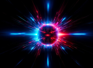 Wall Mural - Red and blue light sphere bursts outward on black. Glowing rays emanate from the center, creating a dynamic, energetic abstract design.