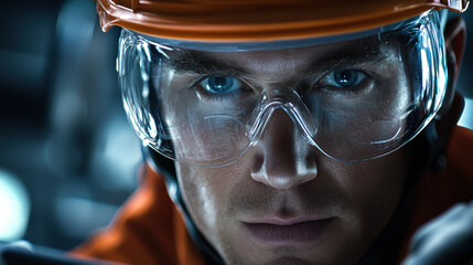 Wall Mural - Engineer wearing safety glasses and helmet, focused expression, close up