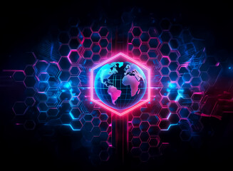 Poster - glowing globe centered in a neon hexagon, surrounded by a vibrant network of geometric shapes in blu