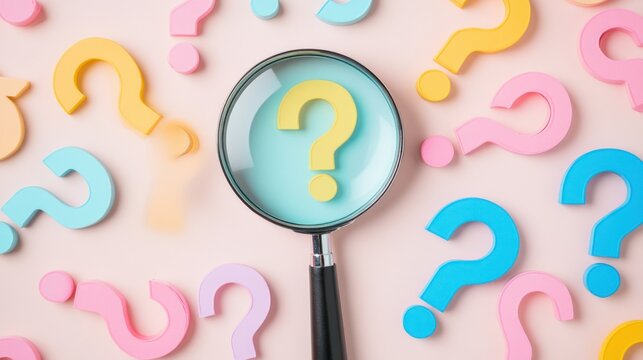 Magnifying glass and question mark on a pastel background, a flat lay with copy space for text or web design elements