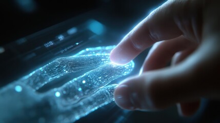 Fototapete - A hand is touching a screen with a blue finger