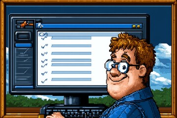Aufkleber - A 8-bit pixel art of a person selecting survey answers on a pixelated computer screen with retro text boxes