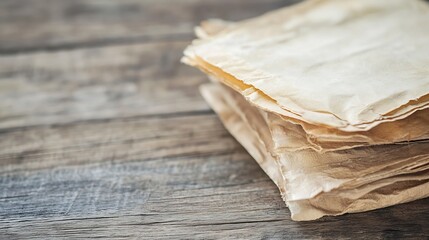 Poster - Close up shot of aged papers stacked on wooden surface conveying a vintage and artistic feel : Generative AI