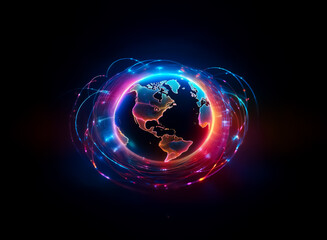 Poster - a glowing globe with continents encircled by vibrant light trails on a dark backdrop. global network