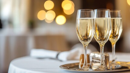 Aufkleber - Elegant Champagne Glasses on Table in Upscale Restaurant Decor with Soft Lighting : Generative AI