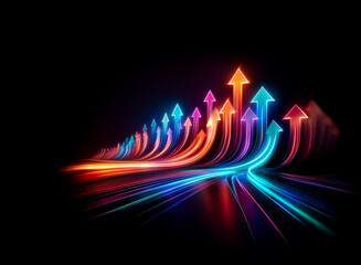 Wall Mural - vibrant, colorful arrows with light trails streak upwards on a dark backdrop, suggesting motion and 