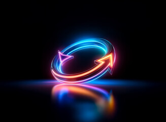 Aufkleber - a vibrant neon arrow glows with blue and orange hues against a stark black backdrop. the circular ar