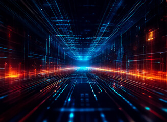 Poster - abstract digital landscape with vibrant blue and orange glowing lines converging towards a central v