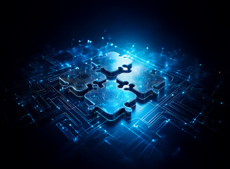 Poster - illuminated puzzle pieces interlock over a glowing circuit board design in shades of blue, suggestin