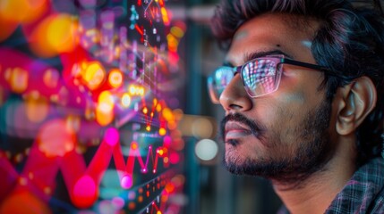 Fototapete - A man with glasses focuses on colorful data visualizations displayed on a screen in a contemporary office. The lighting creates a vibrant atmosphere around him.