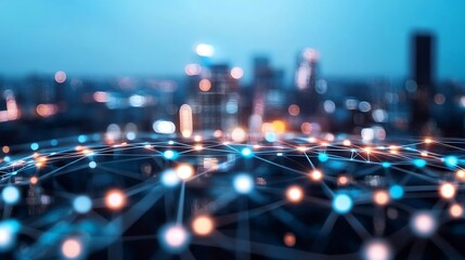 Poster - Blurred city skyline surrounded by modern technology connections in a vibrant urban setting : Generative AI
