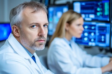 Poster - A data analyst reviewing statistical research methods on a multi-screen computer setup