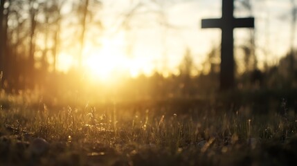 Poster - Stunning sunset beams illuminating a tranquil graveyard with a wooden cross in focus : Generative AI