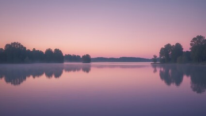 Wall Mural - sunrise creates beautiful reflections over calm lake in a serene landscape with trees and soft fog
