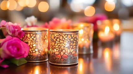 Aufkleber - Warm and inviting arrangement of decorative candles surrounded by beautiful flowers on a stylish table : Generative AI