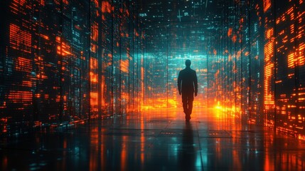 Fototapete - Digital Corridor with Glowing Data and Silhouette of a Person
