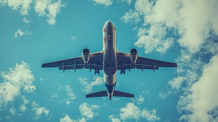 Wall Mural - Airplane Approaching for Landing Against a Blue Sky with Fluffy Clouds