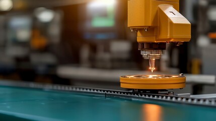 Poster - Industrial robotic arm with precision laser cutting technology on a green workbench in modern factory setting