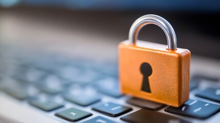 Aufkleber - Closeup of a shiny orange padlock resting on a laptop keyboard symbolizing security : Generative AI