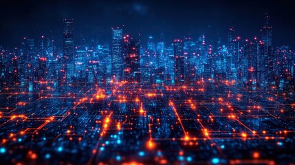 Poster - Futuristic Cityscape at Night with Neon Lights and Digital Network
