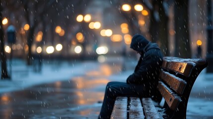 Aufkleber - Lonely figure sitting on a park bench surrounded by blurred city lights in snowfall : Generative AI