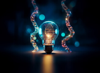 Wall Mural - a glowing lightbulb sits in the center, flanked by shimmering, spiral decorations against a dark, bo