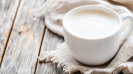 Aufkleber - Delicate white cup filled with creamy coffee resting on a rustic wooden table close up : Generative AI