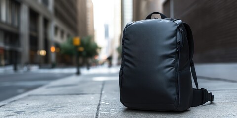 A modern black backpack with a unique texture, sitting in an urban setting.