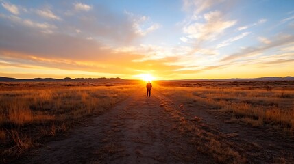 Wall Mural - A person walking towards a bright sunset on an empty dirt road in a vast landscape : Generative AI