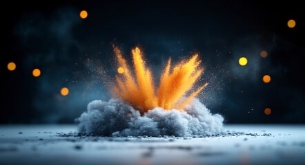 Poster - Vibrant Explosion of Orange Smoke and Dust in Dark Atmosphere with Soft Light Effects Surrounding