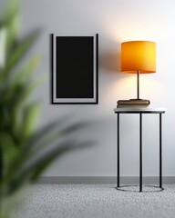 Poster - Modern living room setup featuring an orange lamp and a blank picture frame on a stylish table against a gray wall