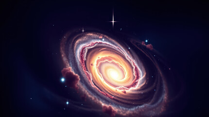 Wall Mural - Spiral Galaxy Cosmic Swirl of Orange, Pink, and Yellow Gases in Dark Blue Space