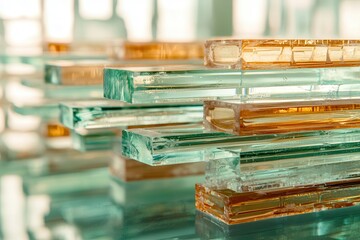 Poster - architecture and construction glass material background . a vibrant stack of glass blocks in various